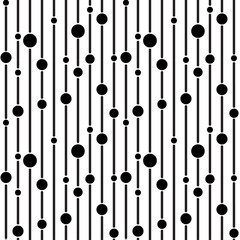 Minimalist black and white Seamless pattern with vertical lines and scattered dots, circles. vector repeating background design for textile or digital use.
