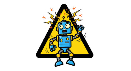 Shocked Robot Facing Electrical Hazard Inside the Warning Triangle Alert