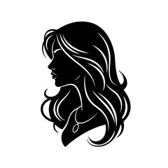 Black silhouette of a woman's profile with long wavy hair and a necklace, elegant and stylized vector illustration on a white background.