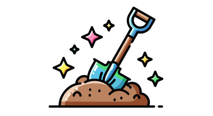 Sparkling Shovel Amidst Soil Depicting Gardening and Cultivation with Colorful Elements
