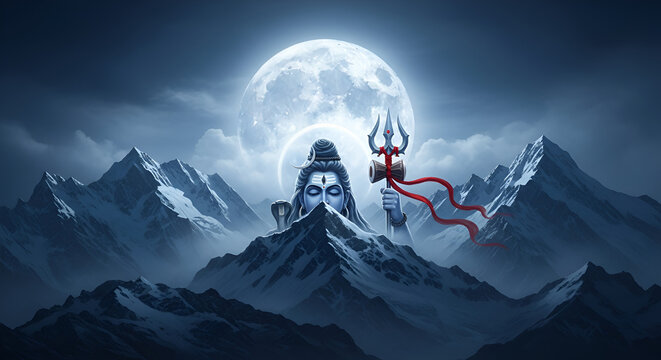Lord Shiva Emerging From Snowy Himalayan Mountains At Night With A Giant Full Moon Trident And Flowing Red Ribbon Illustrating Hindu Mythology Mahadev And Spiritual Mysticism Concept