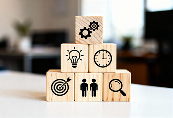 Wooden cubes with business icons representing strategy management ideas goals teamwork and analytics in pyramid shape