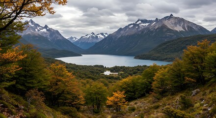 Serene Mountain Lake Surrounded by Autumn Forest and Snow-Capped Peaks.