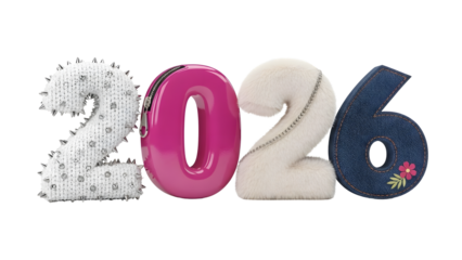 Decorative and textured 3D rendering of the year 2026 with unique materials for each digit on a white background.