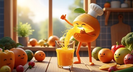 Chef Orange Character Pouring Juice in a Kitchen Filled with Other Fruit and Vegetable Characters