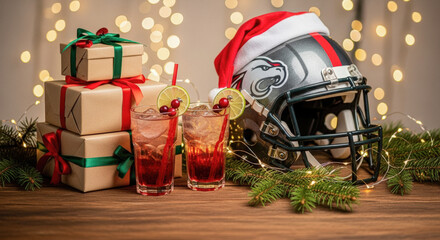 Fototapeta premium American football helmet with Christmas gifts, drinks and festive decorations, celebrating holiday sports season.