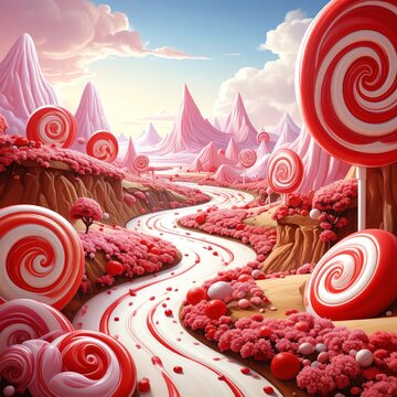 Fantasie-Landschaft mit rot-wei&szlig;en Lollies und Bonbons