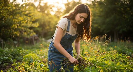 Young woman tending garden, harvesting plants, sunny day, outdoor activity.