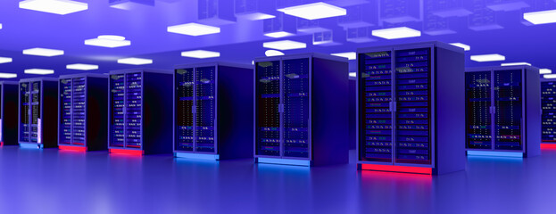 Server. Room servers data center. Backup, mining, hosting, mainframe, farm and computer rack with storage information. Server room data center. 3d render