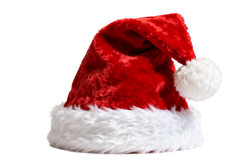 Red Santa hat with white fur trim and pom-pom for Christmas celebration