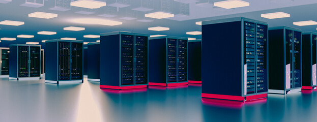 Server. Room servers data center. Backup, mining, hosting, mainframe, farm and computer rack with storage information. Server room data center. 3d render