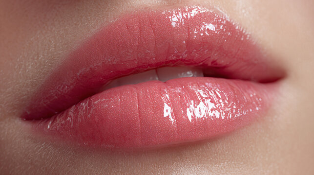 The close-up of shiny pink lips. The lips are full and have a glossy appearance. The light catches the moisture, creating a stunning visual effect