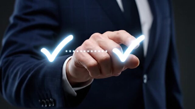 Businessman Points to Animated Checkmark Icons, Representing Success and Completion