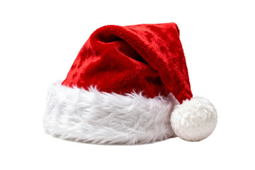 Red Santa hat with white fur trim and pom-pom for festive season