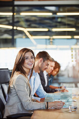 Portrait, meeting and happy with business woman in office for legal team, court case review and...