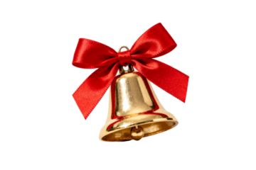 Golden bell decorated with a red ribbon for festive occasions