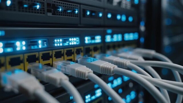 Rows of network switches with glowing blue lights and connected cables in a dimly lit data center, concept for IT, connectivity and servers
