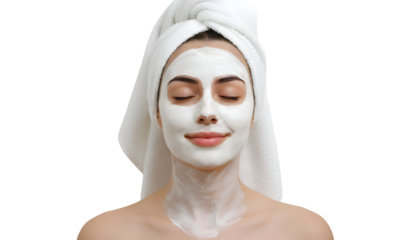 Serene Woman with White Facial Mask and Towel Wrap for Skincare on white background