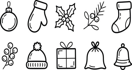 Hand-Drawn Black and White Christmas Icons Grid Illustration