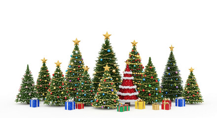 Multiple decorated Christmas trees of varied sizes, gifts underneath. It represents Christmas holiday spirit, offering a festive seasonal decoration