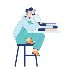 Man Student Character Sit at Table with Book Engaged in Education and Study Vector Illustration