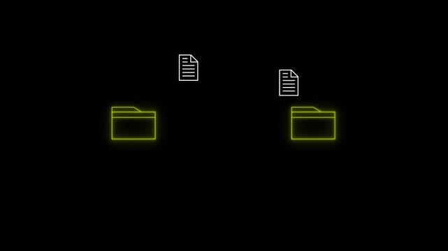 File transfer icon animation on black background. Document file transfer, File transfer from folder to folder, Copying data from folder to folder on computer, 4k video