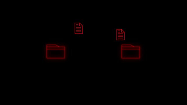 File transfer icon animation on black background. Document file transfer, File transfer from folder to folder, Copying data from folder to folder on computer, 4k video