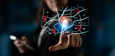 Concept of location tracking and GPS navigation. Map with pins marking a destination and points of...