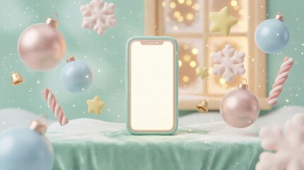 Festive smartphone mockup with Christmas ornaments and winter decorations