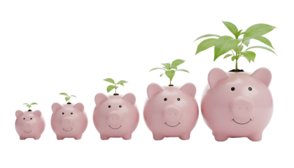 Business Investment & Financial Growth: Progressive Piggy Banks with Expanding Plants Isolated on Transparent Background