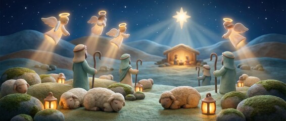 Christmas Nativity scene with angels, shepherds, and a shining star