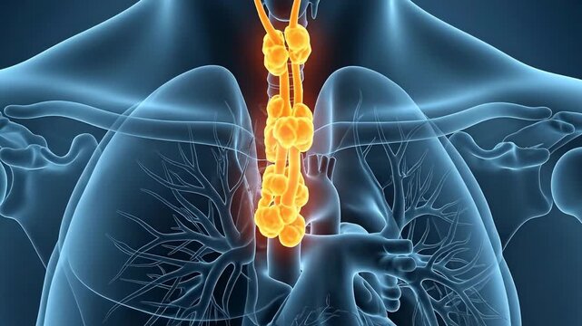Glowing Orange Thyroid Gland Visible Within Transparent Blue Human Torso Anatomy Displaying Lungs and Heart in Medical Science Visualization