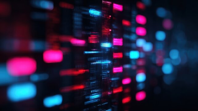 Futuristic digital art featuring vibrant neon pink and blue code streams with glowing pixelated effects
