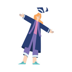 Woman Student Character in Graduation Gown and Hat Enjoy with Diploma Ceremony Vector Illustration