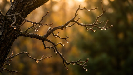 Bare tree branch with water droplets in golden light. Silhouette of wet twigs against blurred autumn background. Nature close up