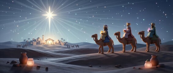 Three Wise Men following the Christmas Star to Bethlehem