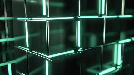Abstract 3D cubes with glowing green lines, creating a futuristic geometric pattern