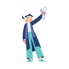 Woman Student Character in Graduation Gown and Hat Enjoy with Diploma Ceremony Vector Illustration
