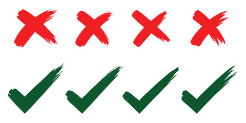 Check tick mark icon set. Cross box x check mark checkbox list vector draw hand drawn sketch doodle brush marker checklist symbol wrong right circle. hand drawn, grunge X  sign. hand drawn tick mark. © Hike Studio 888