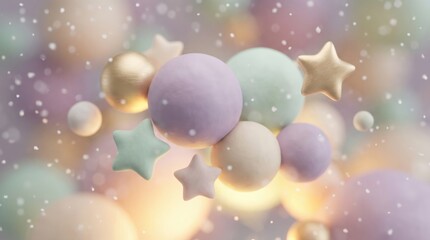 Abstract pastel spheres and stars with bokeh effect for a dreamy background