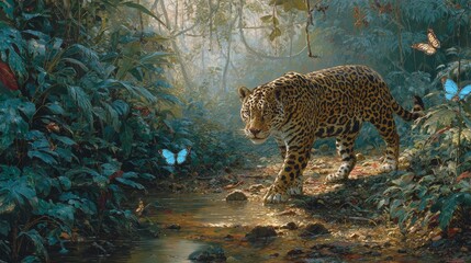 A majestic cat walks through a lush rainforest, surrounded by butterflies. Sunlight filters, creating dappled light and shadow