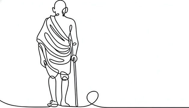Minimalist Continuous Line Drawing Vector Art Of Mahatma Gandhi Walking With A Wooden Stick Representing Peace Nonviolence Indian Independence Struggle Leadership And The Father Of The Nation