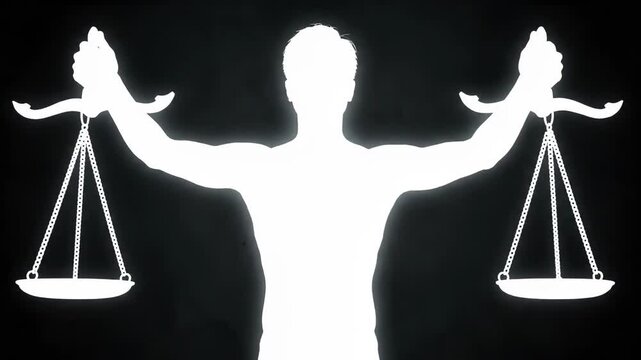 Silhouette of person holding scales of justice on black background