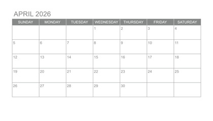 Classic monthly calendar for 2026. week starts on sunday. simple april 2026 calendar template. new monthly planner design