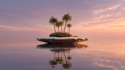 Surreal Floating Island with Palm Trees at Sunset Over Calm Water © Designbrisa