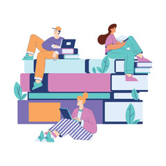 Man and Woman Student Character with Books Engaged in Education and Study Vector Illustration