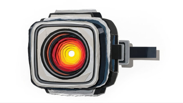 Futuristic thermal detector with glowing concentric circles, isolated on white background, featuring a sleek, modern design and vivid colors