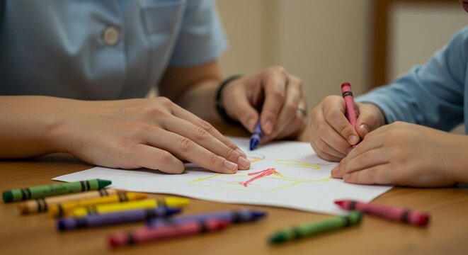 A child is drawing on a white piece of paper using colorful crayons with assistance.