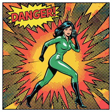 Pop Art Comic Woman Running Against Danger Explosion Background
