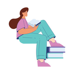 Woman Student Character Read Book Engaged in Education and Study Vector Illustration